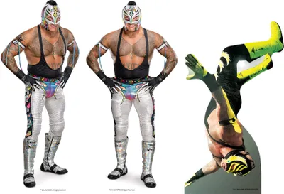 Three images of a wrestler, two standing and one in a dynamic pose.