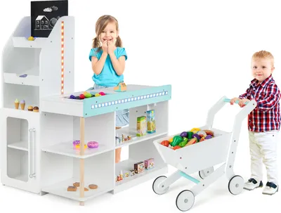 Obrázok produktu pre Detský obchod COSTWAY, obchod s potravinami na hranie s pokladňou, nákupným vozíkom, tabuľou, dopravníkovým pásom a príslušenstvom