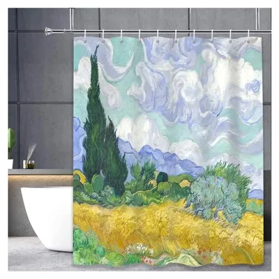 Produktbild von Waschbarer Duschvorhang mit Ringen - Design - Weizenfeld mit Zypressen von Van Gogh - Anti-Schimmel - 100% Polyester - 180 x 200 cm