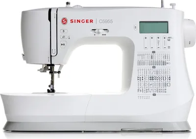 A white Singer C5955 sewing machine is shown against a white background.
