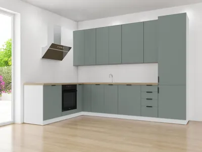 Produktbild von Winkelküche – Eckküche – Küchenzeile L-Form – Küchenzeile – Komplettküche – Sorento – K51-G330 – 330 x 210 cm – Grün / Weiß Matt Ohne Arbeitsplatte