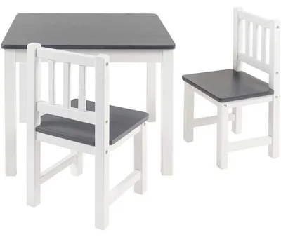 Productafbeelding van Bomi Amy Kindertafel met 2 Stoeltjes HoutGrijs Wit - Massief Grenenhout - Kindertafel en Stoeltjes - Speeltafel - Tekentafel - 3 t/m 6 Jaar