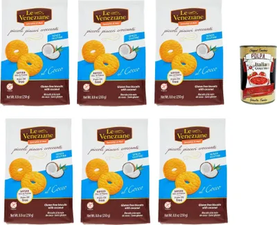 Produktbild von Le Veneziane piccoli piaceri croccanti senza glutine, biscotti al Cocco. Kokoskekse. kuchen gluten free, glutenfrei 6x 250 g + Italian Gourmet polpa 400g