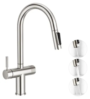 Produktbild von 3-Wege Küchenarmatur mit ausziehbarer Brause, Doppelhebel Wasserhahn für Spülbecken und Trinkwasser für Osmoseanlagen und Wasserfilter aus gebürstetem Edelstahl