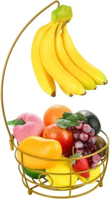 Imagen del producto de Cesta robusta para frutas Ibenzoa® con soporte integrado para plátanos, fabricada en metal dorado, ideal para la cocina y la encimera