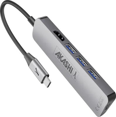 Produktbild von Akashi, 4-in-1 Multiport Adapter USB-C / USB 3.0 / HDMI 4K, Grau