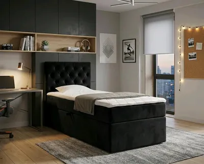 Produktbild von NORDELO Boxspringbett ELEGANTE 120x200 cm AMOR Velvet Schwarz Komplett-Set gepolstertes Einzelbett mit Stauraum, Matratze und 4 cm Visco-Topper, Bonellfederkernmatratze, T30-Schaum