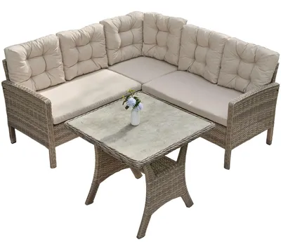 Produktbild von Gartenlounge-Set Dining Lounge mit Esstisch – Polyrattan Lounge für 5–6 Personen, wetterfest, inkl. Kissen & Glasplatte, Beige