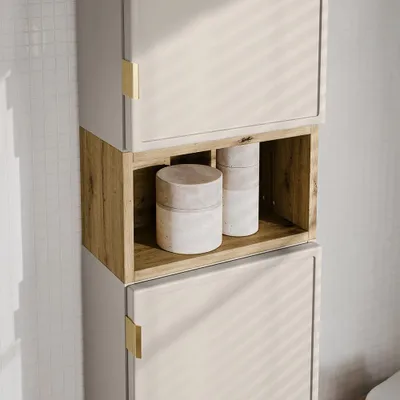 Produktbild von Badezimmer Hochschrank mit 35 cm Breite in Beige & Eiche, 2 Türen & 1 offenes Fach - BIBIONE-56