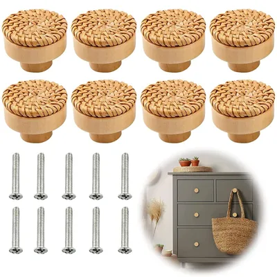 Image de Poignées de tiroirs et d'armoires en rotin, lot de 8, 40 mm, boutons en bois pour cuisine, meubles, commode (Ø 40 mm)