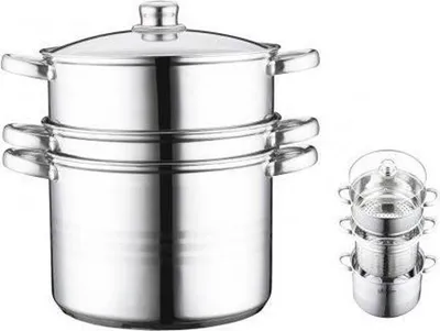 A stainless steel steamer pot set is shown against a white background.