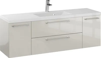 Produktbild von FURNI Waschtischunterschrank RON 140 cm - Kaschmir - Hängender Badschrank mit Mineralguss - Waschbecken - Griffe Chrom - Vormontiert