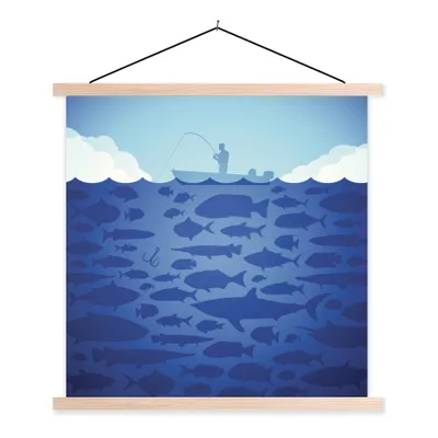 Produktbild von MuchoWow® Textilposter Illustration eines Mannes beim Fischen 40x40 cm mit holzfarbenen Rahmen - Posterleiste