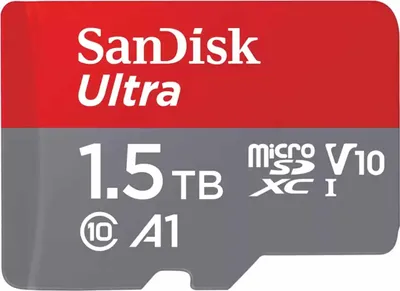 Produktbild von SANDISK microSDHC Ultra Flash-Speicherkarte, 1.5 TB, A1, Class 10, 150 MB/s, Grau Rot, mit SD-Adapter, 10.9 mm x 15 mm x 0.76 mm, Speichererweiterung für Android Smartphones, Tablets, Chromebooks, Windows Laptops, inkl. SanDisk Memory Zone App, Kompatibilität mit Tausenden Geräten getestet