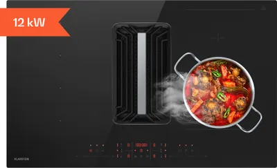 Image de Klarstein AirJet Hybrid table à induction avec Hotte intégrée - 12 kW, 750 m³/h, CEE A++, 9 Niveaux,tactile, Filtre aluminium & charbon, 58 dB, 83x26x51,5 cm