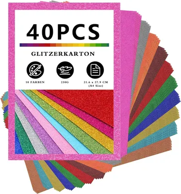 Produktbild von Glitzerpapier A4, 40 Blatt, 230 g/m², 20 Farben, für Basteln