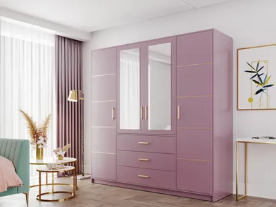 Produktbild von MIRJAN24 Kleiderschrank Tytus D4 II, Drehtürenschrank, Garderobenschrank mit Spiegel, Schlafzimmer Garderobe (Farbe: Pflaume / Pflaume + Gold)