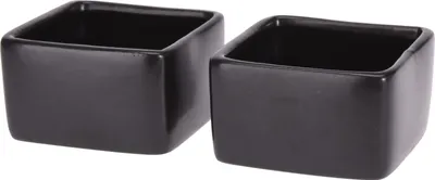 Two black square ceramic bowls are shown against a white background.