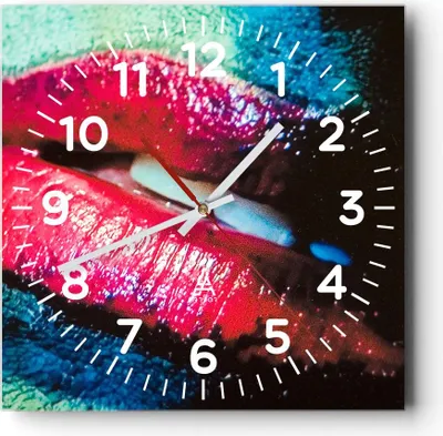 Produktbild von Wanduhr - Quadrat - Glasuhr - Lippen Gesicht Frau - 30x30cm - Schleichendes Uhrwerk - Lautlos - zum Aufhängen bereit - Dekoration Modern - Wanddekoration aus Glas - C4AC30x30-0231