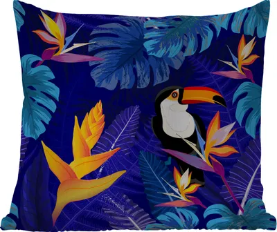 Produktbild von MuchoWow® Outdoor Kissen - Dschungel - Tukan - Blumen - Pflanzen - Kinder - Lila - Tiere - 50x50 cm - Wetterfest - Lounge Kissen - Komfortabel - Kissen mit Bild