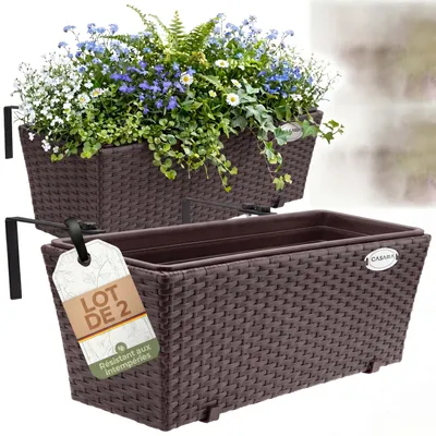 Image de 2x Bac à fleurs 11 litres support de montage intérieur extérieur jardinière pot de fleurs décoration balcon terrasse brun