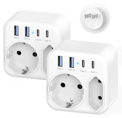 Productafbeelding van 6-in-1 EU-naar-Japan-adapter met 2 USB-C- en 2 USB-A-poorten