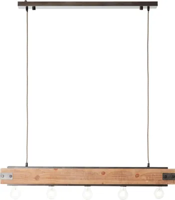 A rustic pendant light fixture with a wooden beam and five exposed bulbs.