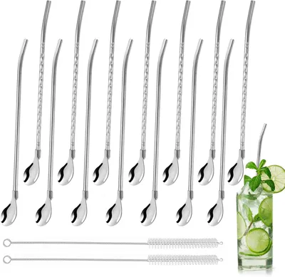 Immagine prodotto di Cannucce con cucchiaino - Set da 16 pezzi - Contiene: 16 cannucce, 1 cucchiaino - Acciaio inossidabile