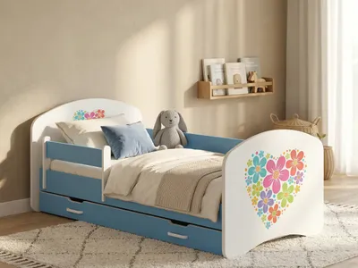 Produktbild von Happy Babies Kinderbett mit Rausfallschutz Junge 140x70 Bett für Kinderzimmer mit Schublade Matratze Einzelbett für Kinder Blau, Herz