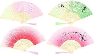 Immagine prodotto di Set di 4 ventagli pieghevoli, ventagli a mano con pale in bambù, ideali come decorazione da parete e come regalo