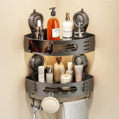 Image de Étagère de douche sans perçage, triangulaire, lot de 2, couleur grise, pour salle de bain