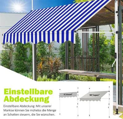 Produktbild von Mucola Klemmmarkise, 300x120cm, Blau-Weiß, für Balkon, Polyester 180g/m² polyurethanbeschichtet, Aluminium weiß (pulverbeschichtet), UV-beständig, demontierbar und pflegeleicht, gummierter Standfuß