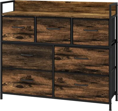 Image de Commode marron avec 7 tiroirs en tissu, dispositif anti-basculement et côtés en MDF, meuble de rangement
