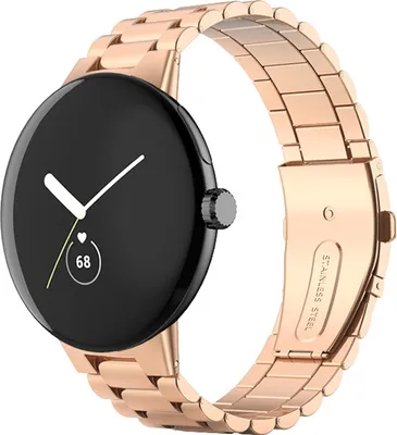 A rose gold smartwatch with a metal band is shown against a white background.