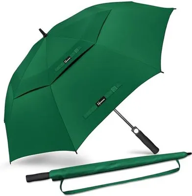 Produktbild von Große Windresistente Golfsonnenhut mit Doppelhaupthaube, Automatisch Öffnet sich, 137 cm - Ideal für Männer, Perfekt für Regen und Wind