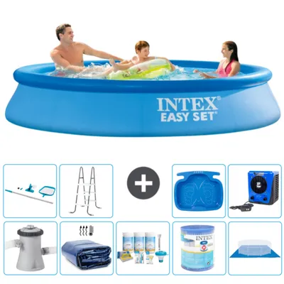 Produktbild von Intex runder aufblasbarer Easy Set-Schwimmpool – 305 x 61 cm – Blau – inklusive Pumpe Sonnensegel - Wartungspaket - Filter - Bodenplane - Reinigungskit - Leiter
