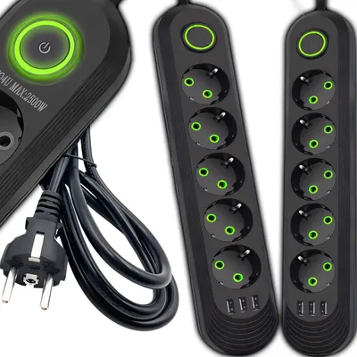 A close-up studio shot of two black power strips with green illuminated accents, placed diagonally on a white background.