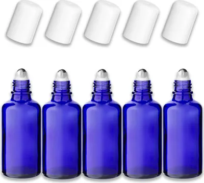 Produktbild von 5x Blaue Glasflasche 50 ml Roll-On mit weißem Schraubverschluss 18/415