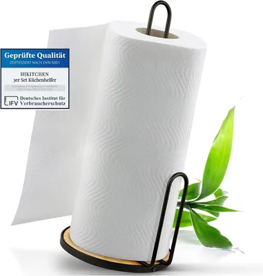 Produktbild von Küchenpapierhalter aus Stahl mit Bambusfuß