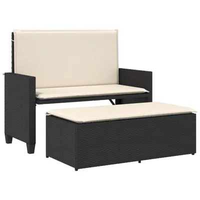 Immagine prodotto di vidaXL Panca da giardino con cuscini e sgabello in polirattan nero