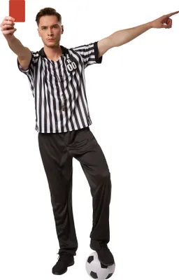 A man dressed as a soccer referee, holding a red card and pointing.