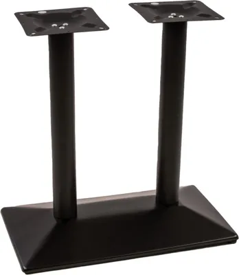 A black metal table base with two columns and a rectangular base, shown against a white background.