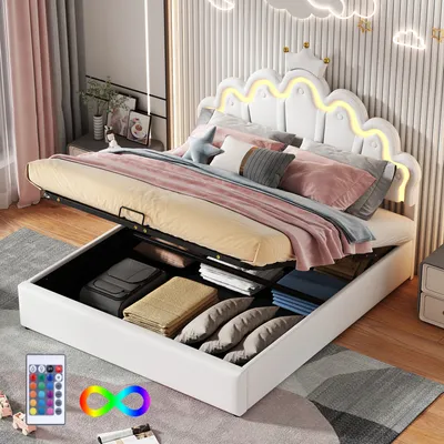 Produktbild von Flieks Polsterbett 140x200cm mit Lattenrost, Kinderbett mit Kronenförmigem Kopfteil, Jugendbett Doppelbett mit Led, Hydraulisches Stauraumbett, PU