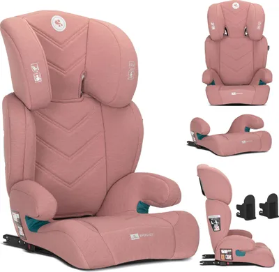 A collage of images showing a pink child's car seat from different angles, including a close-up of the headrest and a separate image of the booster seat base.