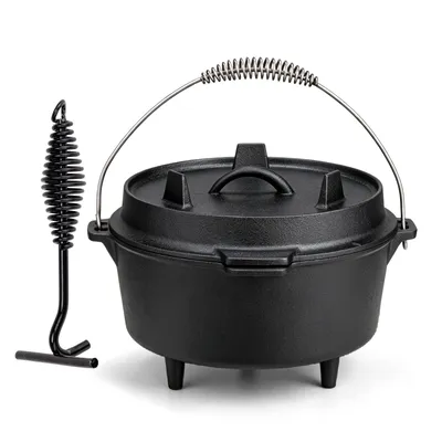 Image de LEADZM - Cocotte pour barbecue | Cocotte en fonte émaillée de 7,5 L | Idéale pour la cuisson, la friture et le grill | Parfaite pour le camping | Livrée avec un levier pour le couvercle