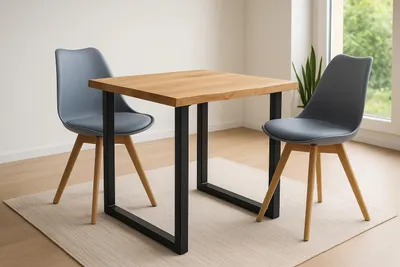 Produktbild von 3tlg. Essgruppe Seattle| Esstisch mit 2 Stühlen | 80x80 cm mit echter Baumkante | Eiche/Wildeiche massiv | U-Gestell Schwarz | 2X Schalenstuhl Grau inkl. Sitzkissen