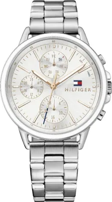A close-up studio shot of a Tommy Hilfiger women's watch.