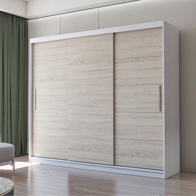 Schwebetürenschrank Kleiderschrank Schrank 250cm ohne Spiegel und  LED-Beleuchtung Weiß/Sonoma Eiche Alba