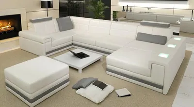 Productafbeelding van Ecksofa Sofa Wohnlandschaft U-Form Polster Couch Ledersofa + Hocker Leder Sofas