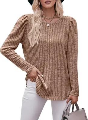 Image de ASKSA Hauts tuniques en tricot élégants et décontractés à manches longues et col rond, Kaki, XL